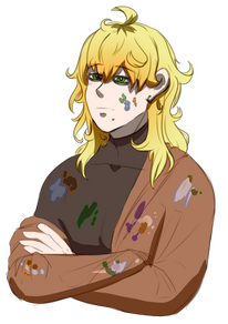 A colored visual novel sprite of a man with long blonde hair, fair skin and green eyes, dressed with a brown jacket and a black turtleneck under it. He's covered in paint and has a mole under his lower lip. He has his arms crossed and appears to be tired.