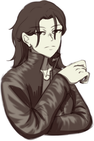 A black and white visual novel sprite of a woman with black long hair, fair skin and a leather jacket. She has her right arm propped up supported by his left hand, and she appears to be angry.