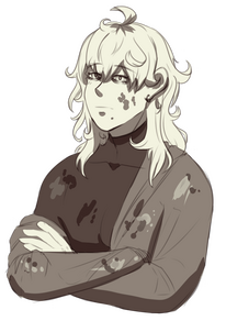 A black and white visual novel sprite of a man with long hair, dressed with a jacket and a black turtleneck under it. He's covered in paint and has a mole under his lower lip. He has his arms crossed and appears to be tired.